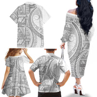 Tonga White Sunday Family Matching Off The Shoulder Long Sleeve Dress and Hawaiian Shirt Lotu Tamaiti Ngatu Tribal - Polynesian Pride