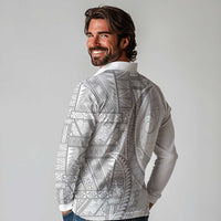 Tonga White Sunday Long Sleeve Polo Shirt Lotu Tamaiti Ngatu Tribal - Polynesian Pride