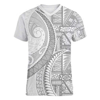 Tonga White Sunday Women V-Neck T-Shirt Lotu Tamaiti Ngatu Tribal - Polynesian Pride