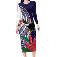 American Samoa Bald Eagle Personalized Family Matching Long Sleeve Bodycon Dress and Hawaiian Shirt Polynesian Teuila Flowers LT9 Mom's Dress Blue - Polynesian Pride