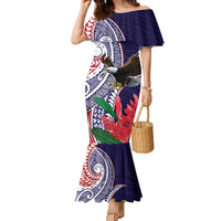 American Samoa Bald Eagle Personalized Family Matching Mermaid Dress and Hawaiian Shirt Polynesian Teuila Flowers LT9 Mom's Dress Blue - Polynesian Pride