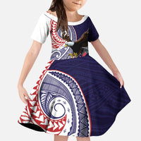 American Samoa Bald Eagle Personalized Family Matching Off The Shoulder Long Sleeve Dress and Hawaiian Shirt Polynesian Teuila Flowers LT9 Daughter's Dress Blue - Polynesian Pride