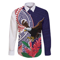American Samoa Bald Eagle Personalized Family Matching Off The Shoulder Long Sleeve Dress and Hawaiian Shirt Polynesian Teuila Flowers LT9 Dad's Shirt - Long Sleeve Blue - Polynesian Pride