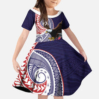 American Samoa Bald Eagle Personalized Family Matching Off Shoulder Maxi Dress and Hawaiian Shirt Polynesian Teuila Flowers LT9 Daughter's Dress Blue - Polynesian Pride