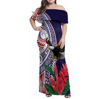 American Samoa Bald Eagle Personalized Family Matching Off Shoulder Maxi Dress and Hawaiian Shirt Polynesian Teuila Flowers LT9 Mom's Dress Blue - Polynesian Pride