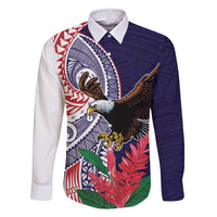 American Samoa Bald Eagle Personalized Family Matching Off Shoulder Short Dress and Hawaiian Shirt Polynesian Teuila Flowers LT9 Dad's Shirt - Long Sleeve Blue - Polynesian Pride