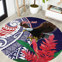 American Samoa Bald Eagle Personalized Round Carpet Polynesian Teuila Flowers LT9 Blue - Polynesian Pride