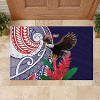 American Samoa Bald Eagle Personalized Rubber Doormat Polynesian Teuila Flowers LT9 Blue - Polynesian Pride