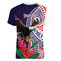 American Samoa Bald Eagle Personalized Women V-Neck T-Shirt Polynesian Teuila Flowers LT9 - Polynesian Pride