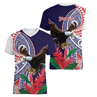American Samoa Bald Eagle Personalized Women V-Neck T-Shirt Polynesian Teuila Flowers LT9 - Polynesian Pride