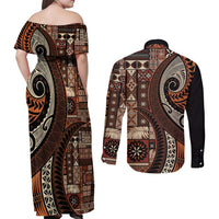 Vintage Samoa Siapo Mamanu Couples Matching Off Shoulder Maxi Dress and Long Sleeve Button Shirt Brown Samoan Tapa Motif - Polynesian Pride
