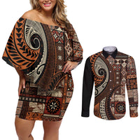 Vintage Samoa Siapo Mamanu Couples Matching Off Shoulder Short Dress and Long Sleeve Button Shirt Brown Samoan Tapa Motif - Polynesian Pride