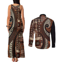 Vintage Samoa Siapo Mamanu Couples Matching Tank Maxi Dress and Long Sleeve Button Shirt Brown Samoan Tapa Motif - Polynesian Pride