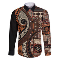 Vintage Samoa Siapo Mamanu Family Matching Long Sleeve Bodycon Dress and Hawaiian Shirt Brown Samoan Tapa Motif - Polynesian Pride