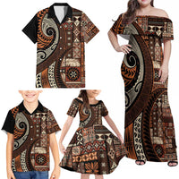 Vintage Samoa Siapo Mamanu Family Matching Off Shoulder Maxi Dress and Hawaiian Shirt Brown Samoan Tapa Motif - Polynesian Pride