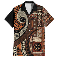 Vintage Samoa Siapo Mamanu Family Matching Off Shoulder Short Dress and Hawaiian Shirt Brown Samoan Tapa Motif - Polynesian Pride