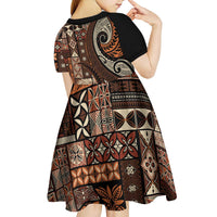 Vintage Samoa Siapo Mamanu Kid Short Sleeve Dress Brown Samoan Tapa Motif - Polynesian Pride