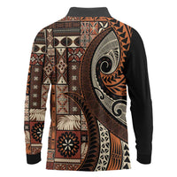 Vintage Samoa Siapo Mamanu Long Sleeve Polo Shirt Brown Samoan Tapa Motif - Polynesian Pride