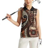 Vintage Samoa Siapo Mamanu Women Sleeveless Polo Shirt Brown Samoan Tapa Motif - Polynesian Pride