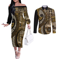 Vintage Samoa Siapo Mamanu Couples Matching Off The Shoulder Long Sleeve Dress and Long Sleeve Button Shirt Gold Samoan Tapa Motif - Polynesian Pride