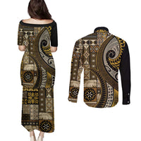 Vintage Samoa Siapo Mamanu Couples Matching Puletasi and Long Sleeve Button Shirt Gold Samoan Tapa Motif - Polynesian Pride