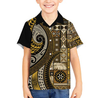 Vintage Samoa Siapo Mamanu Family Matching Off Shoulder Short Dress and Hawaiian Shirt Gold Samoan Tapa Motif - Polynesian Pride