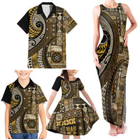 Vintage Samoa Siapo Mamanu Family Matching Tank Maxi Dress and Hawaiian Shirt Gold Samoan Tapa Motif - Polynesian Pride