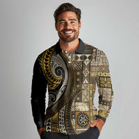 Vintage Samoa Siapo Mamanu Long Sleeve Polo Shirt Gold Samoan Tapa Motif - Polynesian Pride