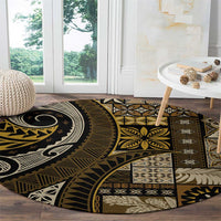 Vintage Samoa Siapo Mamanu Round Carpet Gold Samoan Tapa Motif - Polynesian Pride