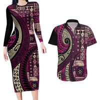 Vintage Samoa Siapo Mamanu Couples Matching Long Sleeve Bodycon Dress and Hawaiian Shirt Pink Samoan Tapa Motif - Polynesian Pride