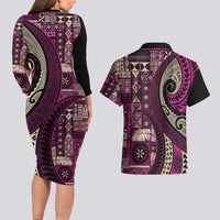 Vintage Samoa Siapo Mamanu Couples Matching Long Sleeve Bodycon Dress and Hawaiian Shirt Pink Samoan Tapa Motif - Polynesian Pride