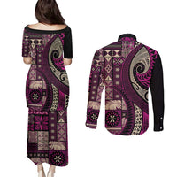 Vintage Samoa Siapo Mamanu Couples Matching Puletasi and Long Sleeve Button Shirt Pink Samoan Tapa Motif - Polynesian Pride