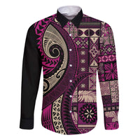 Vintage Samoa Siapo Mamanu Family Matching Off The Shoulder Long Sleeve Dress and Hawaiian Shirt Pink Samoan Tapa Motif - Polynesian Pride