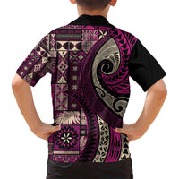 Vintage Samoa Siapo Mamanu Family Matching Off Shoulder Short Dress and Hawaiian Shirt Pink Samoan Tapa Motif - Polynesian Pride