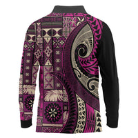 Vintage Samoa Siapo Mamanu Long Sleeve Polo Shirt Pink Samoan Tapa Motif - Polynesian Pride