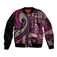 Vintage Samoa Siapo Mamanu Sleeve Zip Bomber Jacket Pink Samoan Tapa Motif - Polynesian Pride