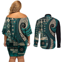 Vintage Samoa Siapo Mamanu Couples Matching Off Shoulder Short Dress and Long Sleeve Button Shirt Teal Samoan Tapa Motif - Polynesian Pride