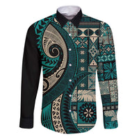 Vintage Samoa Siapo Mamanu Family Matching Mermaid Dress and Hawaiian Shirt Teal Samoan Tapa Motif - Polynesian Pride