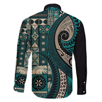 Vintage Samoa Siapo Mamanu Family Matching Off The Shoulder Long Sleeve Dress and Hawaiian Shirt Teal Samoan Tapa Motif - Polynesian Pride