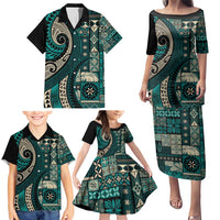 Vintage Samoa Siapo Mamanu Family Matching Puletasi and Hawaiian Shirt Teal Samoan Tapa Motif - Polynesian Pride