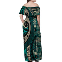 Vintage Samoa Siapo Mamanu Off Shoulder Maxi Dress Teal Samoan Tapa Motif - Polynesian Pride
