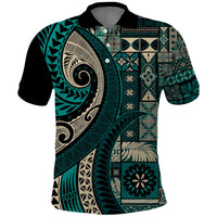 Vintage Samoa Siapo Mamanu Polo Shirt Teal Samoan Tapa Motif - Polynesian Pride