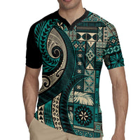 Vintage Samoa Siapo Mamanu Rugby Jersey Teal Samoan Tapa Motif - Polynesian Pride