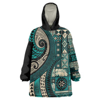 Vintage Samoa Siapo Mamanu Wearable Blanket Hoodie Teal Samoan Tapa Motif - Polynesian Pride
