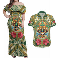Hawaii Tiki Mask Personalized Couples Matching Off Shoulder Maxi Dress and Hawaiian Shirt Mele Kalikimaka i Iulai! LT9 Green - Polynesian Pride
