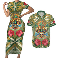 Hawaii Tiki Mask Personalized Couples Matching Short Sleeve Bodycon Dress and Hawaiian Shirt Mele Kalikimaka i Iulai! LT9 Green - Polynesian Pride