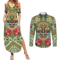 Hawaii Tiki Mask Personalized Couples Matching Summer Maxi Dress and Long Sleeve Button Shirt Mele Kalikimaka i Iulai! LT9 Green - Polynesian Pride