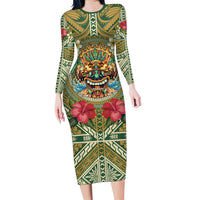 Hawaii Tiki Mask Personalized Family Matching Long Sleeve Bodycon Dress and Hawaiian Shirt Mele Kalikimaka i Iulai! LT9 Mom's Dress Green - Polynesian Pride
