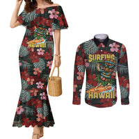 Hawaii Tiki Surfing Couples Matching Mermaid Dress and Long Sleeve Button Shirt Mele Kalikimaka i Iulai! LT9 Black - Polynesian Pride