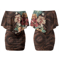 Kanoa Hawai'i Hibiscus Couples Matching Off Shoulder Short Dress and Hawaiian Shirt Polynesian Tribal Tattoo Pattern Floral Elements